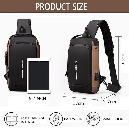 Anti theft Crossbody Sling Bag, Waterproof Chest Daypack with USB Charging, Shoulder Backpack for Men Women for Traveling Casual Cycling Running Hiking Fit for 9.7'' ipad Light Brown