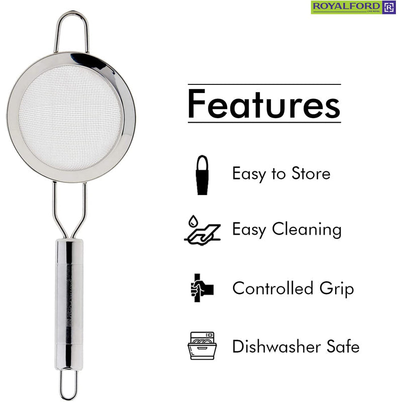Royalford Stainless Steel Tea Strainer, 6.5 CM - Premium Fine Mesh Tea Strainer- Sieve Solution with Non-Slip Handle- Ideal Size for Straining Teas and Cocktails or Sifting Flour Sugar Spices & Herbs