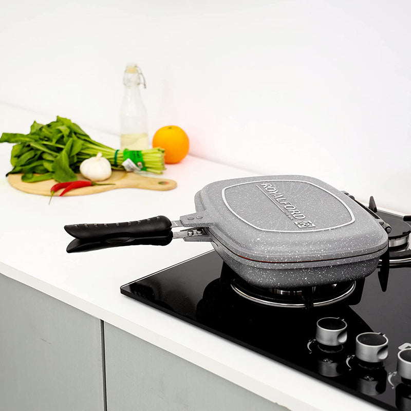 Royalford 32 cm Smart Double Grill Pan - 3 Layer Granite Non-Stick Coating With Magnetic Handle - Flipping Grill Frying Pan | Multiple Hob Compatibility