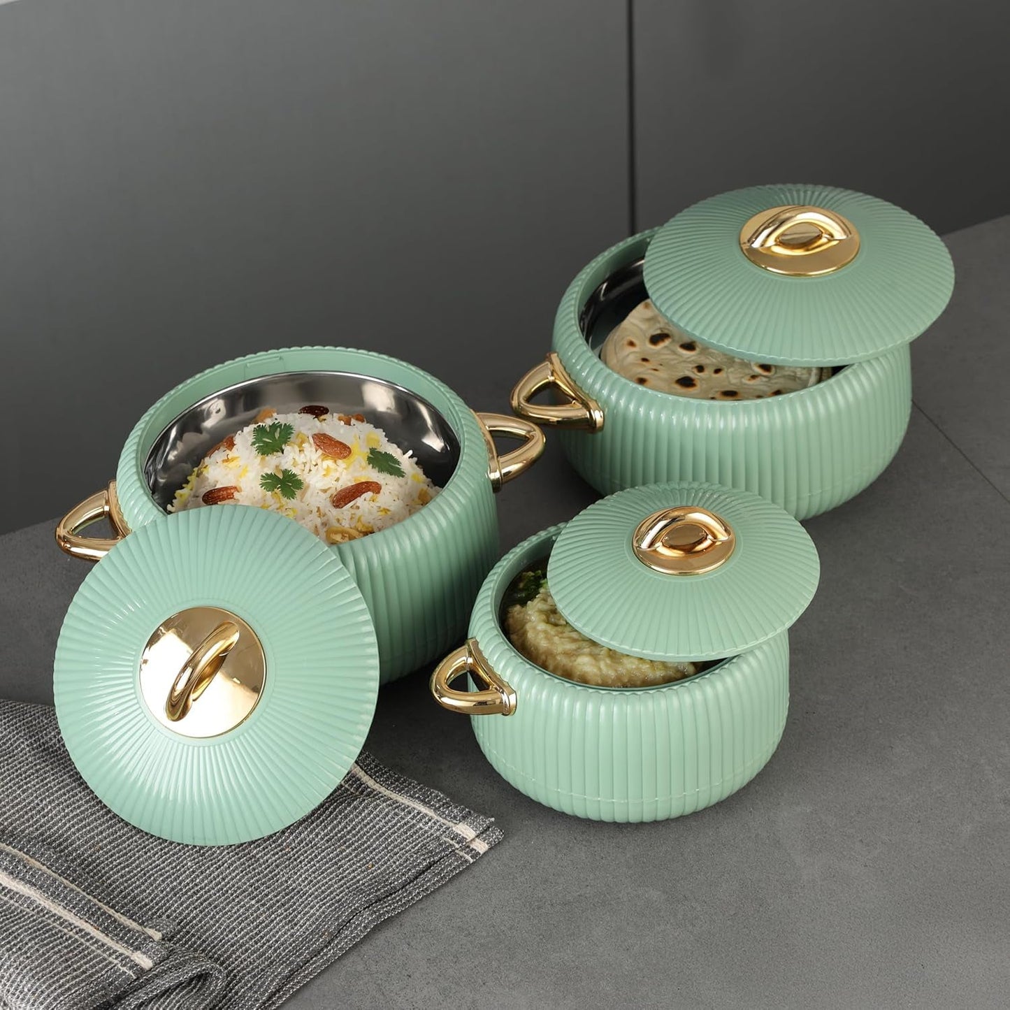 Royalford Pearl Inner Stainless Steel, RF12712 BPA free 1.4L, 2.4L, 2.8L Assorted Color Sets Food Grade, Set of 3 Easy to Carry Easy to store Chapati, Roti, Curd Maker Casserole, Hot Pot
