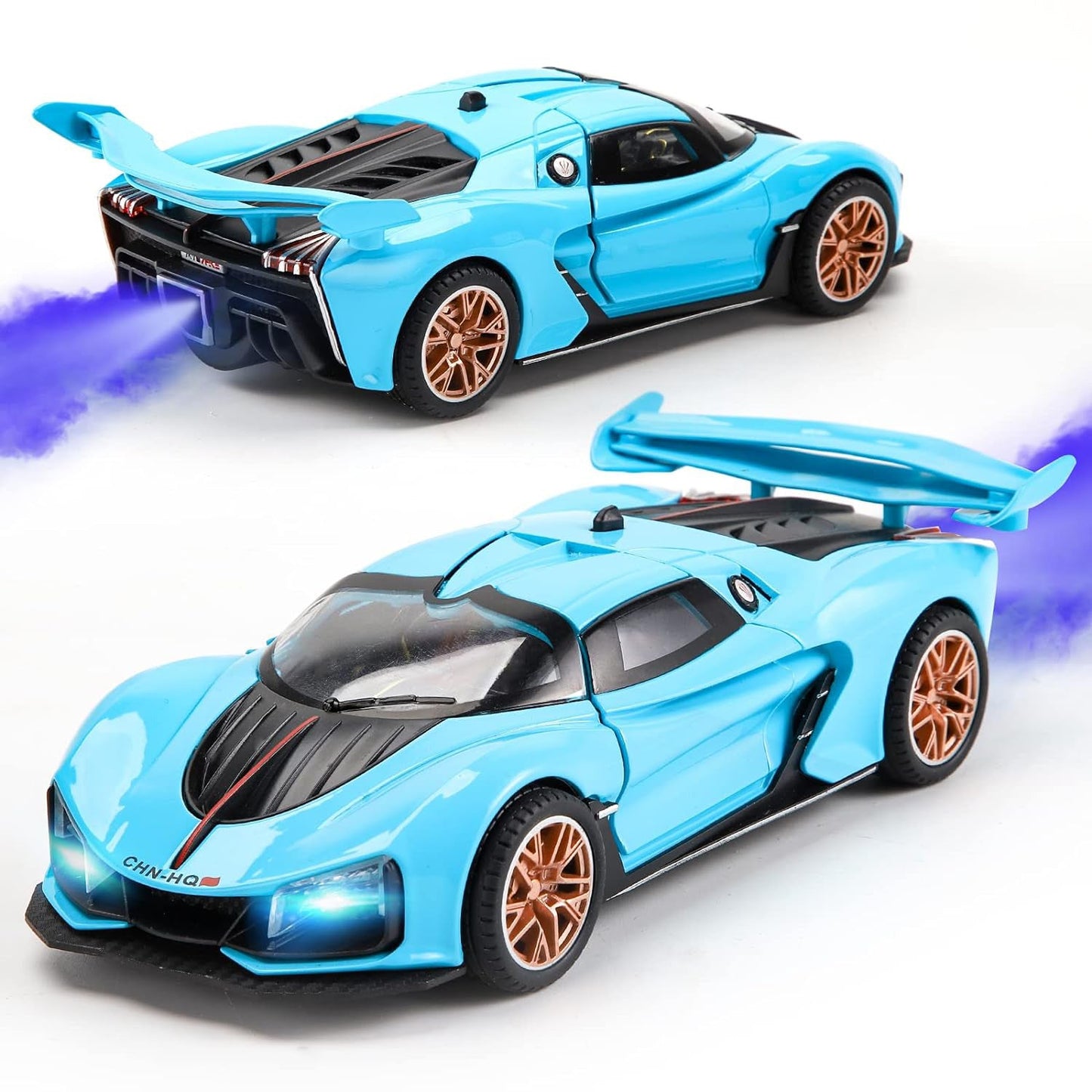 Sport Car Model with Fog Stream Cool Lights Sounds and One Key Open Door Collectible Toys Vehicle for Adults and Kids Gifts for Boys and Girls (Blue)