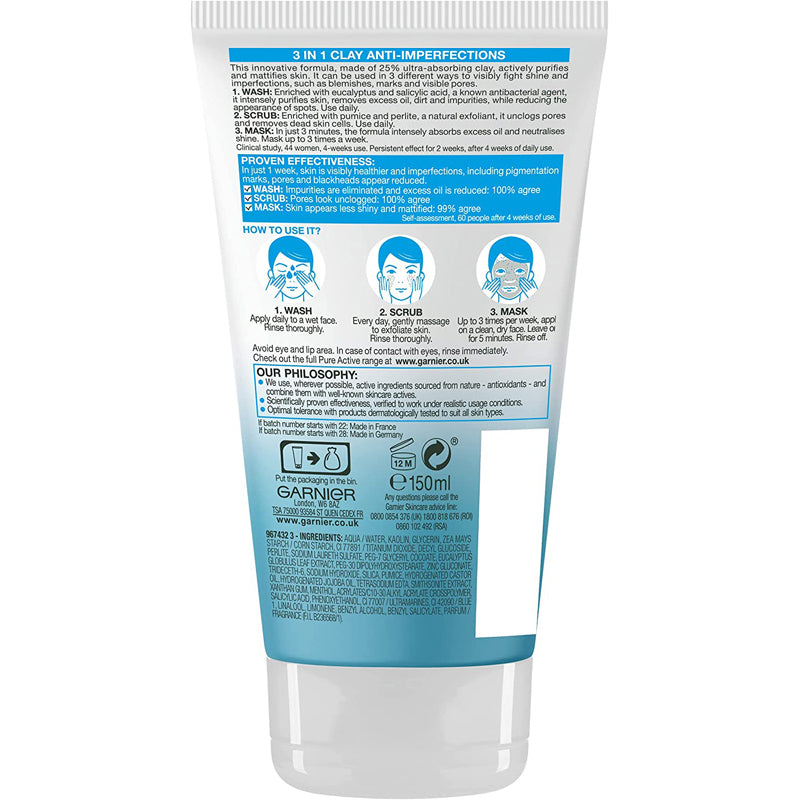 Garnier SkinActive Pure Active 3-In-1 Wash, Scrub And Mask 150Ml