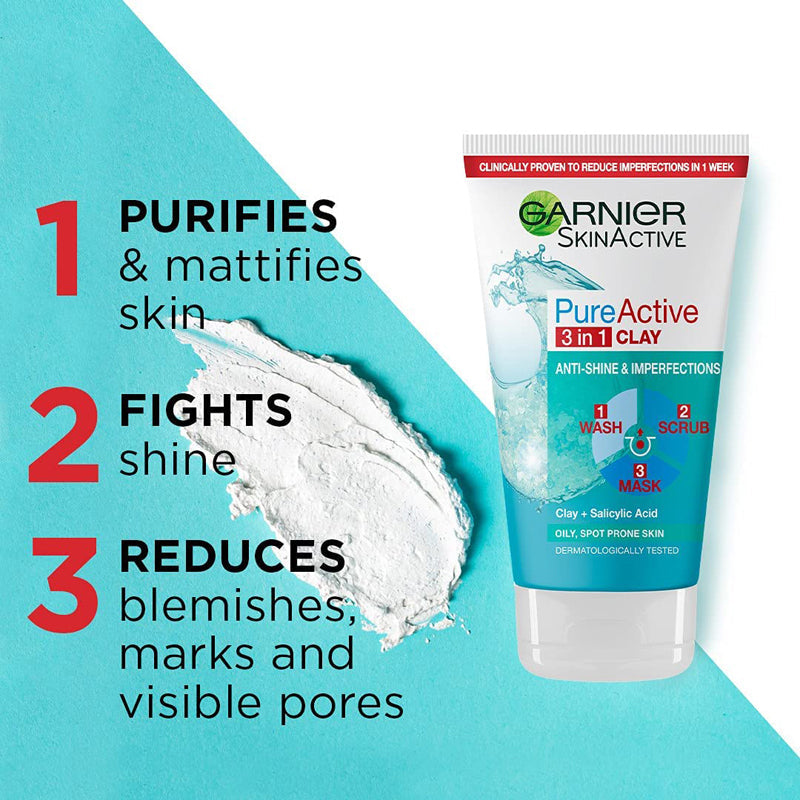 Garnier SkinActive Pure Active 3-In-1 Wash, Scrub And Mask 150Ml