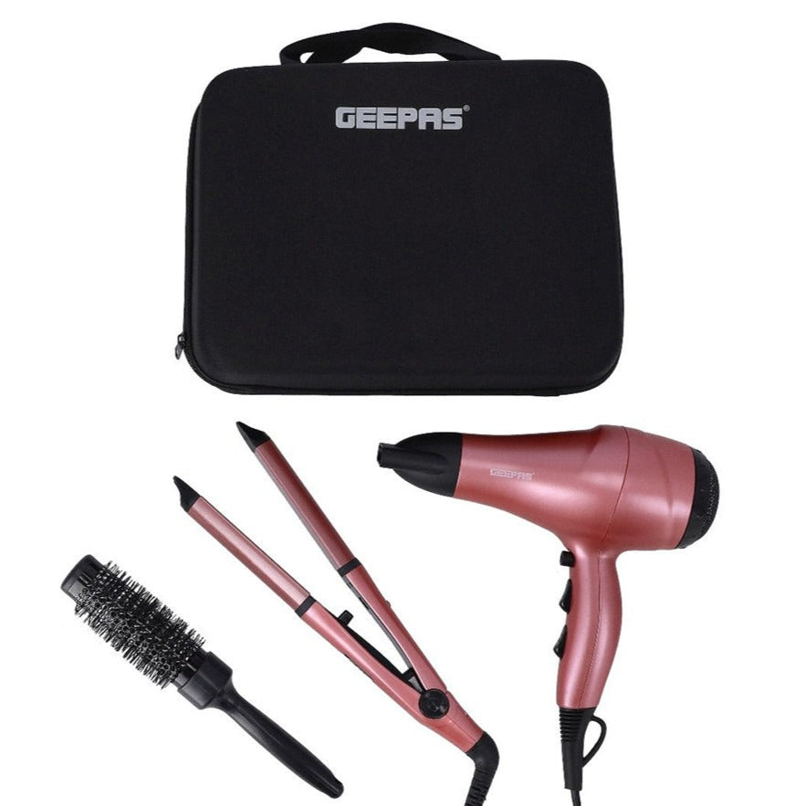 Geepas 4 In 1 Hair Dressing Set Portable Hair Dryer Straightener Curler With Eva Bag 2000W Ideal For Styling All Hairs Evisu Trading LLC