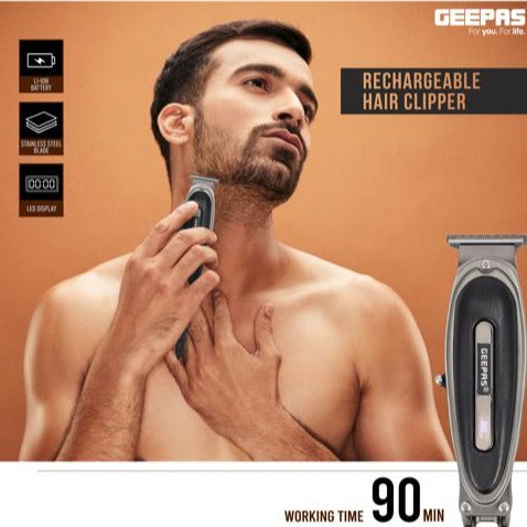 Rechargeable Hair Clipper, LED Display, GTR56044 | Li-ion Battery | Zero Cutting SS Blade | Leather Touch Decorates | Fix T-Blade | Male Grooming Set for Body Hair