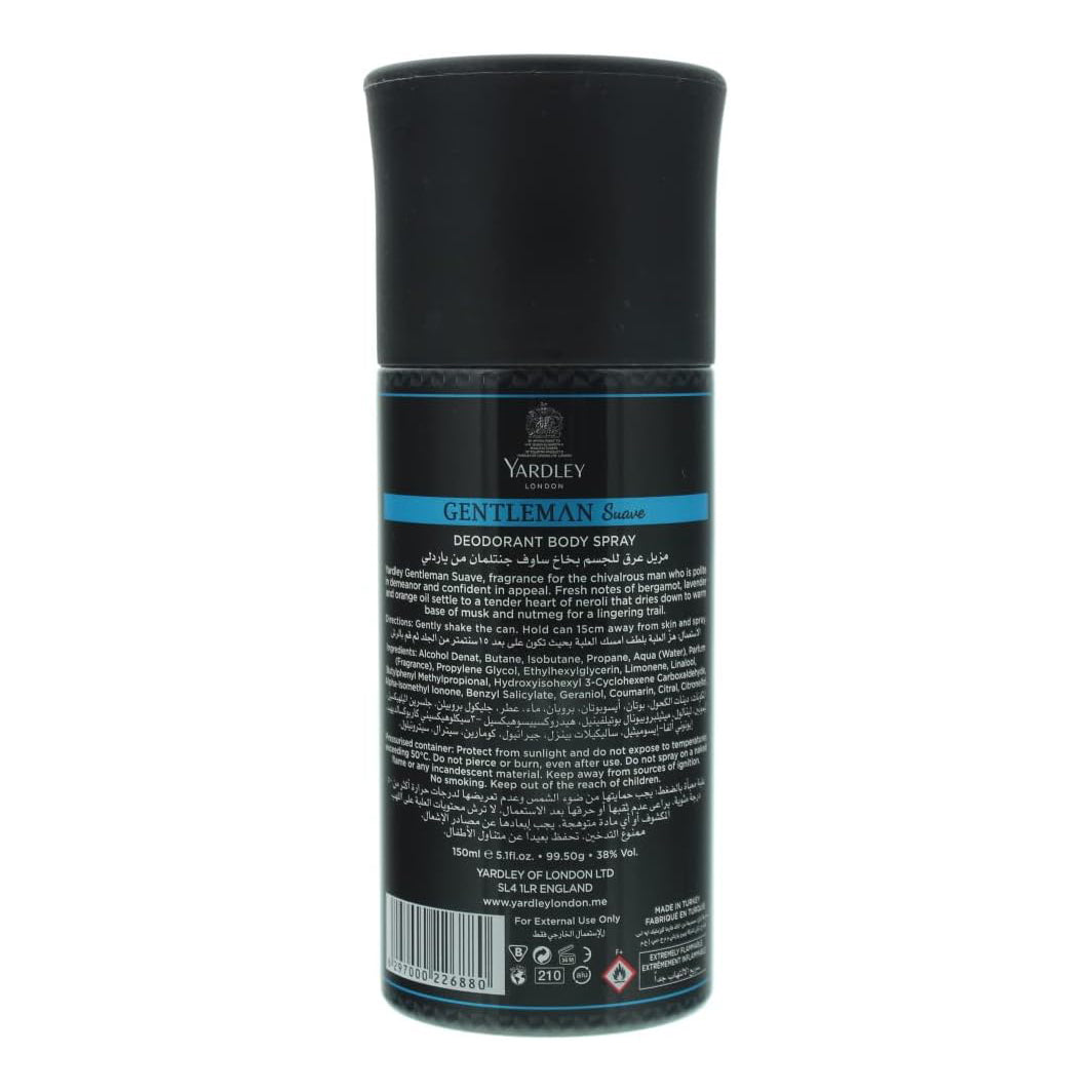 Yardley London Gentleman Suave Body Spray, For Chivalrous Man, Fragrance With Aromatic-Woody-Spicy Notes, 150 ml