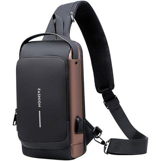 Anti theft Crossbody Sling Bag, Waterproof Chest Daypack with USB Charging, Shoulder Backpack for Men Women for Traveling Casual Cycling Running Hiking Fit for 9.7'' ipad Light Brown