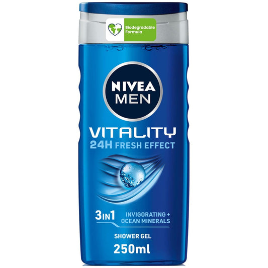 NIVEA MEN 3in1 Shower Gel Body Wash, Vitality Fresh Masculine Scent, 250ml