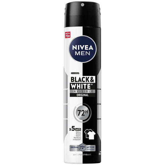 NIVEA MEN Black & White Invisible Antiperspirant Deodorant Spray, Original, 72H Active Protection, 5IN1, Anti-Odour, Sweat, Stains, Residues & Irritation, 200ml