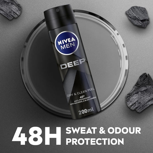 NIVEA MEN Antiperspirant Spray for Men, DEEP Black Carbon Antibacterial, Dark Wood Scent, 200ml