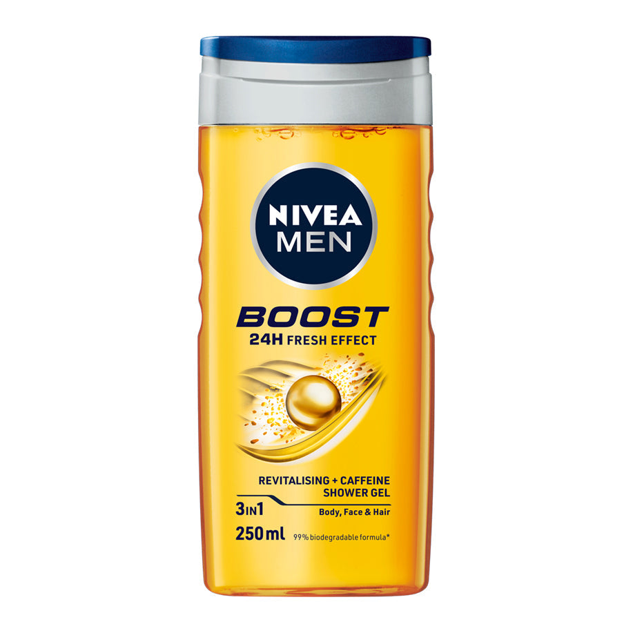 NIVEA Men BOOST, with naturally sourced caffeine to kick-start your day. The refreshing formula with 100% naturally sourced caffeine is the ideal companion for your morning wake-up routine. It leaves your skin and hair feeling revitalised and cared for. Simply apply the shower gel to your wet skin and massage it onto your body, face and hair before rinsing it off. The formula is 99% biodegradable* and free of microplastics. Wake-up with NIVEA MEN BOOST.Warning:Avoid contact with eye area.