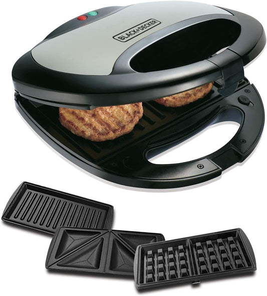 BLACK+DECKER 750W Sandwich Maker 2 Slot Non-Stick 3in1 Interchangable Sandwich Grill And Waffle Maker, With Indicator And Ready to Cook Lights For Quick and Easy Dishes TS2090-B5 2 Years Warranty)