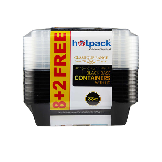 Hotpack Black Base Container 38 oz with Lids 8 + 2 Free (10 Pieces)