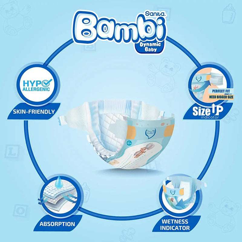 Sanita Bambi Baby Diapers Value Pack Size 4+ Large+ (10-18KG) 33 Pieces