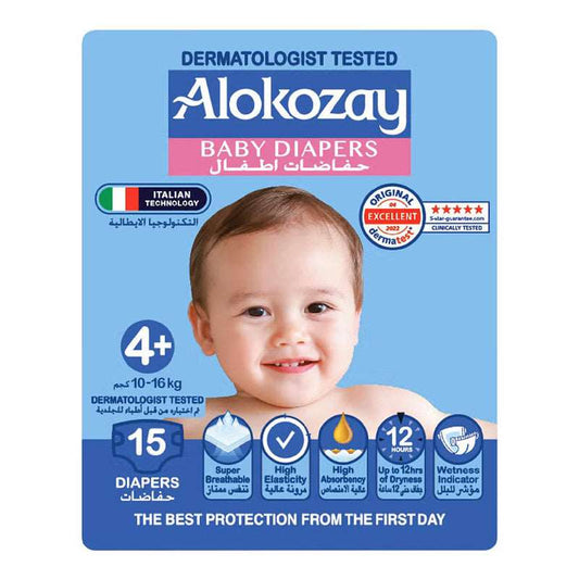 Alokozay Premium Baby Diapers - Size 4+ (10-16 Kg) Suitable for Sensitive Skin- 15 Diapers