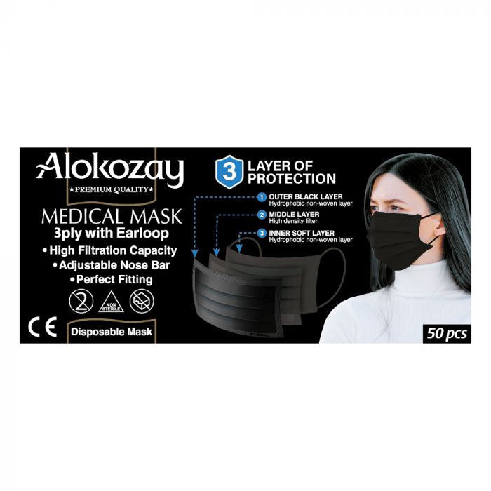 Alokozay Medical Face Mask - Black - 50 Pcs