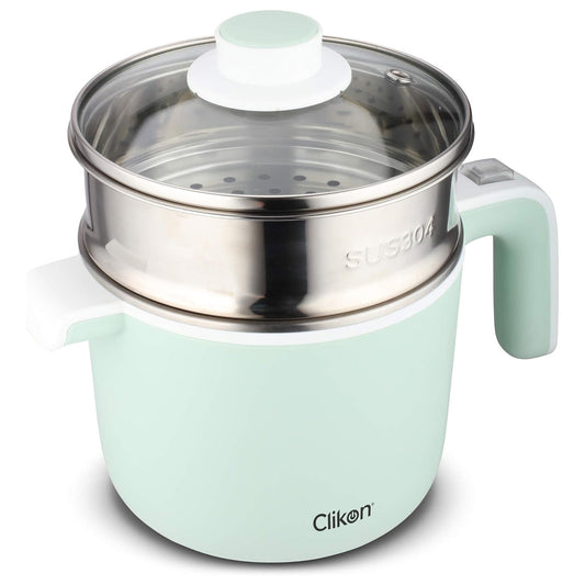 CliCkon - 1.2 Liter Electric Cooker, Boil Dry Protection, Stainless Steel Body with Plastic Housing, Stainless Steel Steamer, Water Level, Cool Touch Handle With Indicator, 720 Watts, Green - CK4274