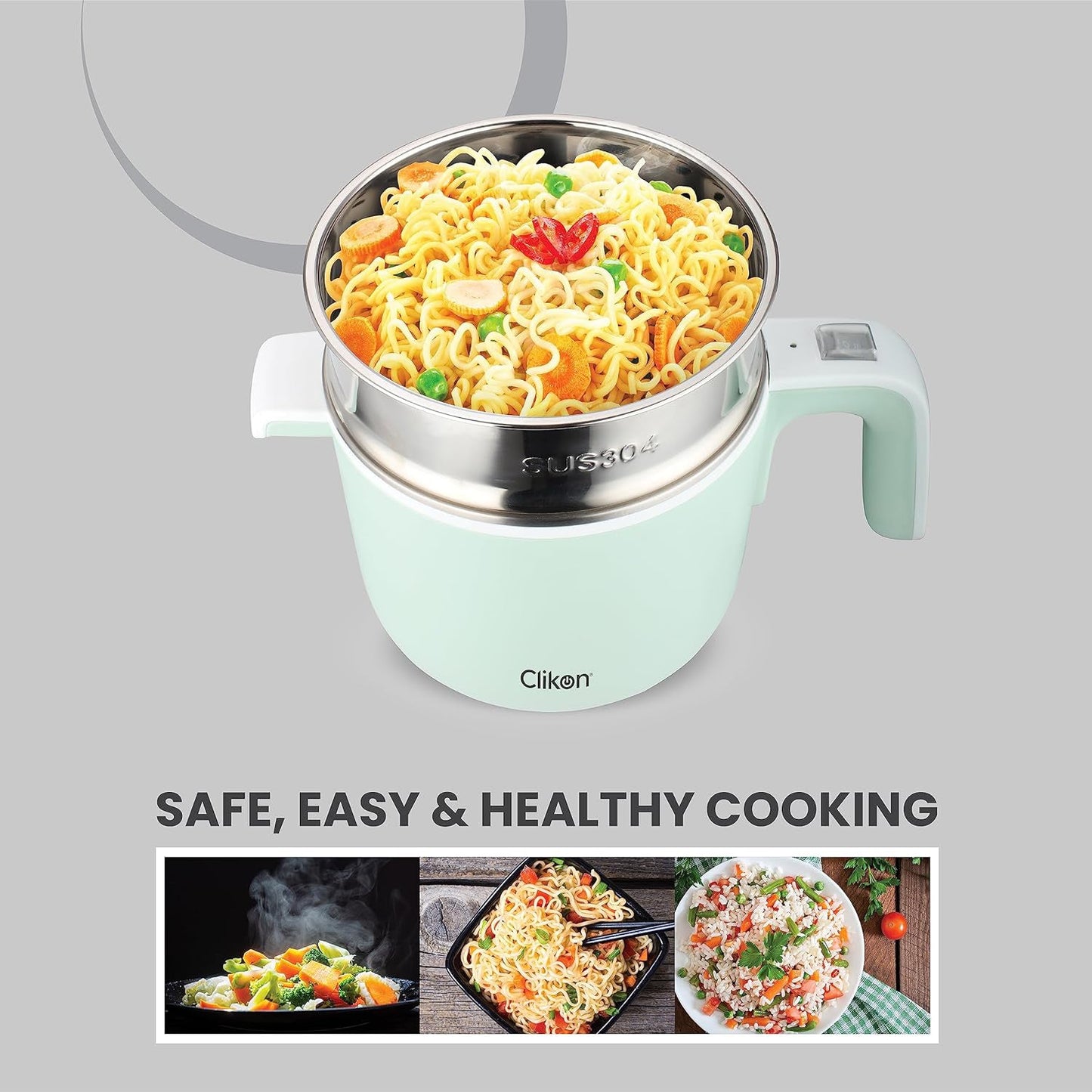 CliCkon - 1.2 Liter Electric Cooker, Boil Dry Protection, Stainless Steel Body with Plastic Housing, Stainless Steel Steamer, Water Level, Cool Touch Handle With Indicator, 720 Watts, Green - CK4274