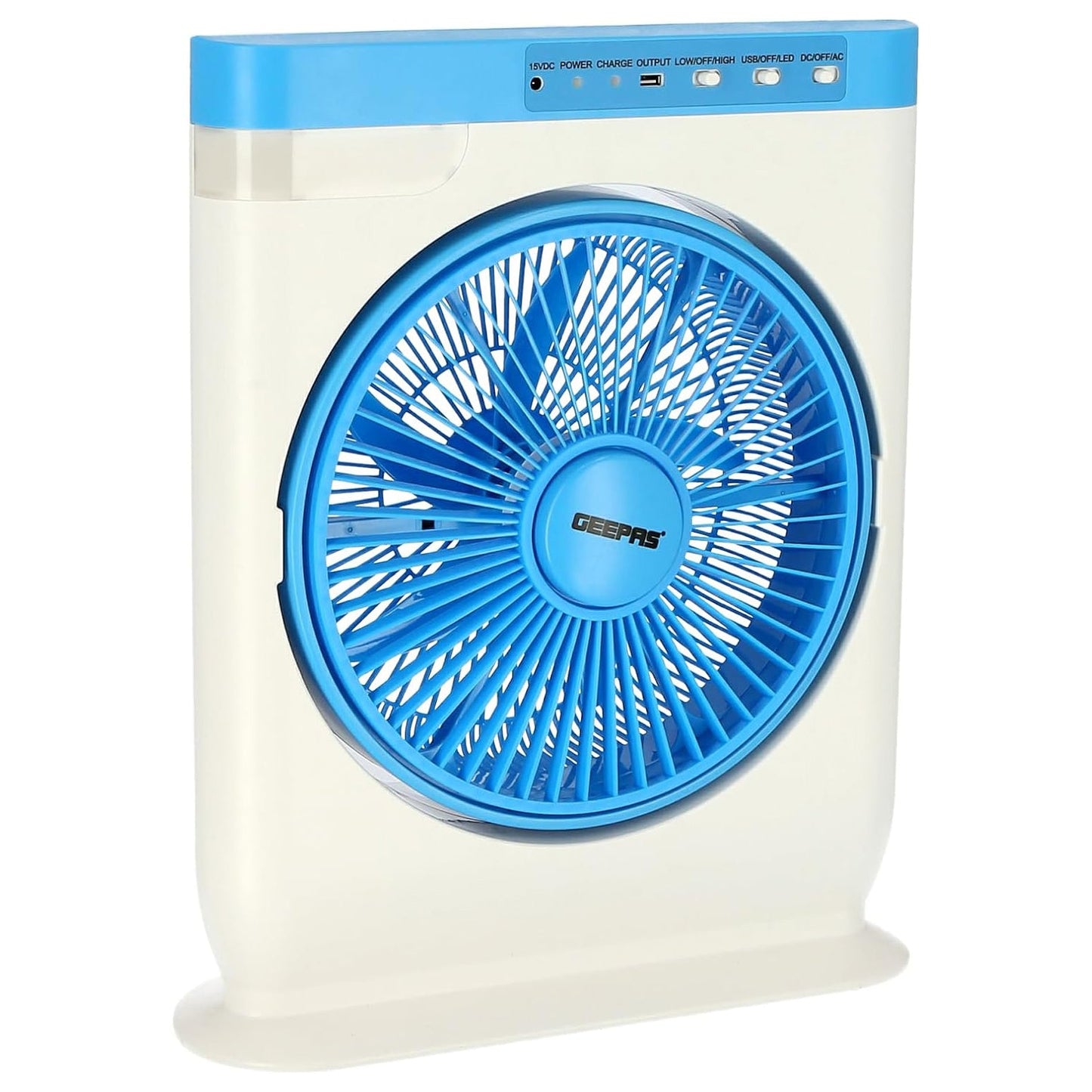 Geepas GF919 Rechargeable 12'' Box Fan | 10hrs working time | Powerful motor | Personal Desk Fan with Led Night Light,10 Hours Working Time, Solar Input, USB Output, Up/Down Tilting, Five Leaf Blades