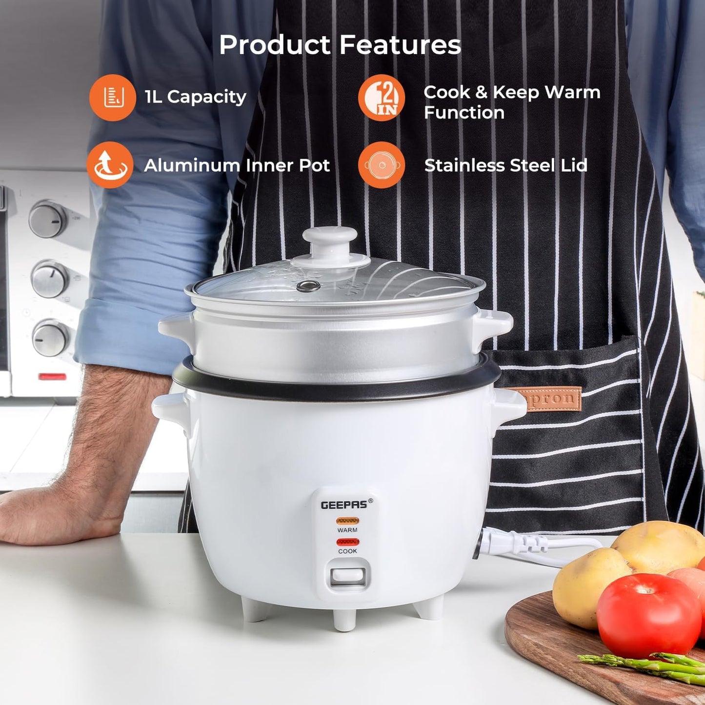 Geepas 1L Automatic Rice Cooker GRC4325H| 3 in 1 function, Cook, Steam and Keep Warm| Non-Stick inner pot, Aluminum Steamer| Single Switch| 2 Years Warranty