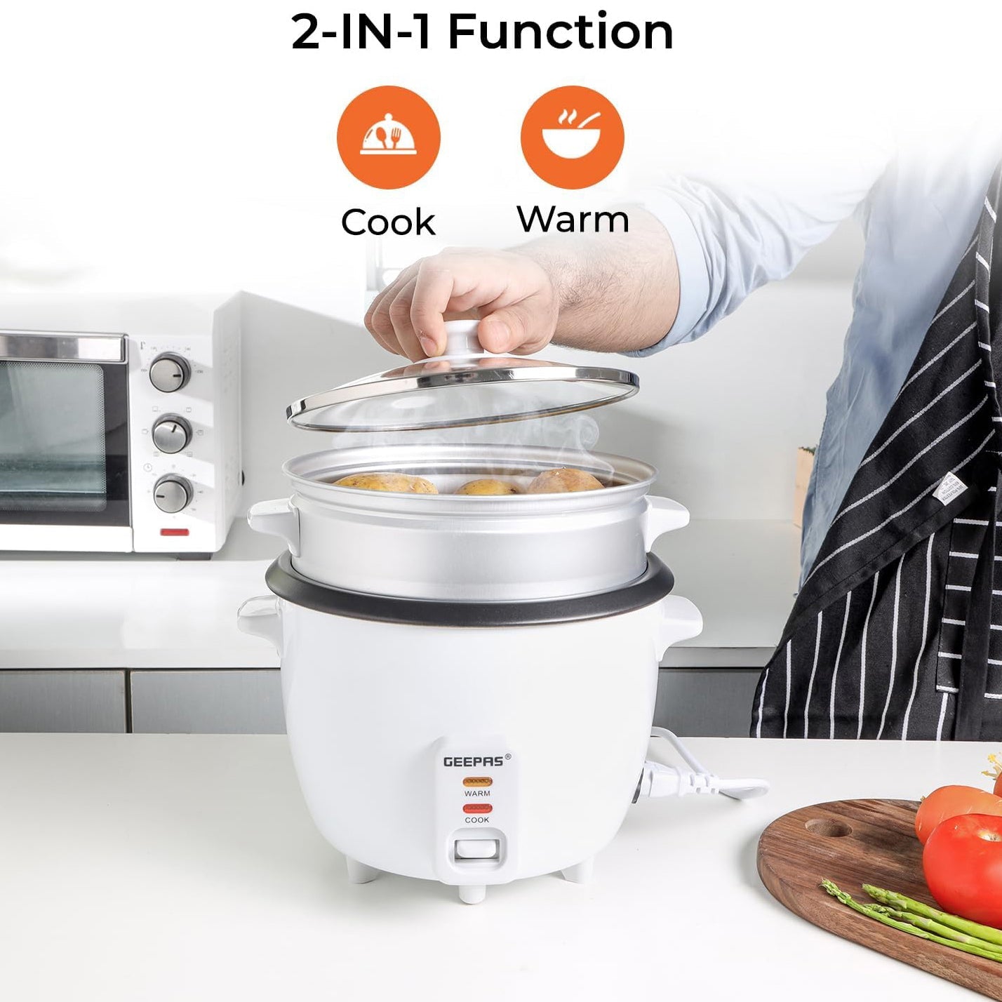 Geepas 1L Automatic Rice Cooker GRC4325H| 3 in 1 function, Cook, Steam and Keep Warm| Non-Stick inner pot, Aluminum Steamer| Single Switch| 2 Years Warranty