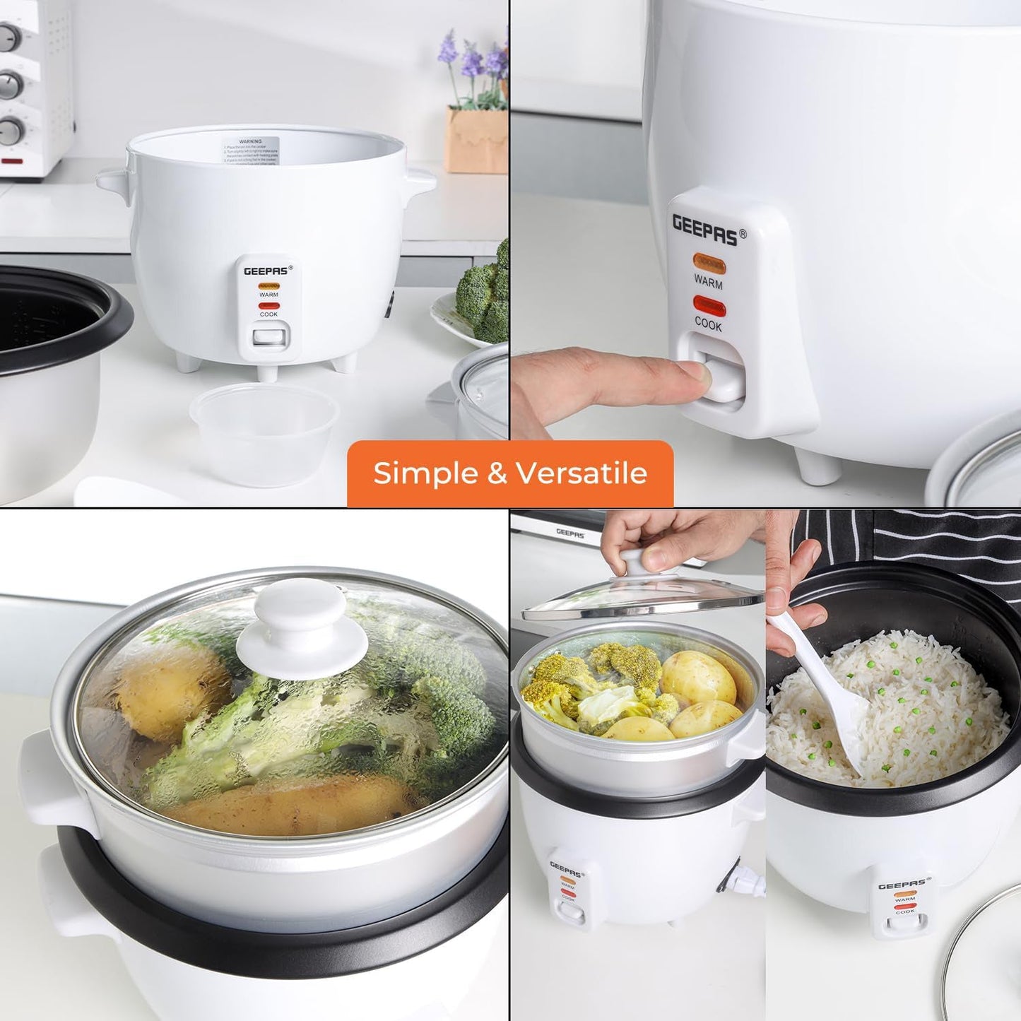 Geepas 1L Automatic Rice Cooker GRC4325H| 3 in 1 function, Cook, Steam and Keep Warm| Non-Stick inner pot, Aluminum Steamer| Single Switch| 2 Years Warranty