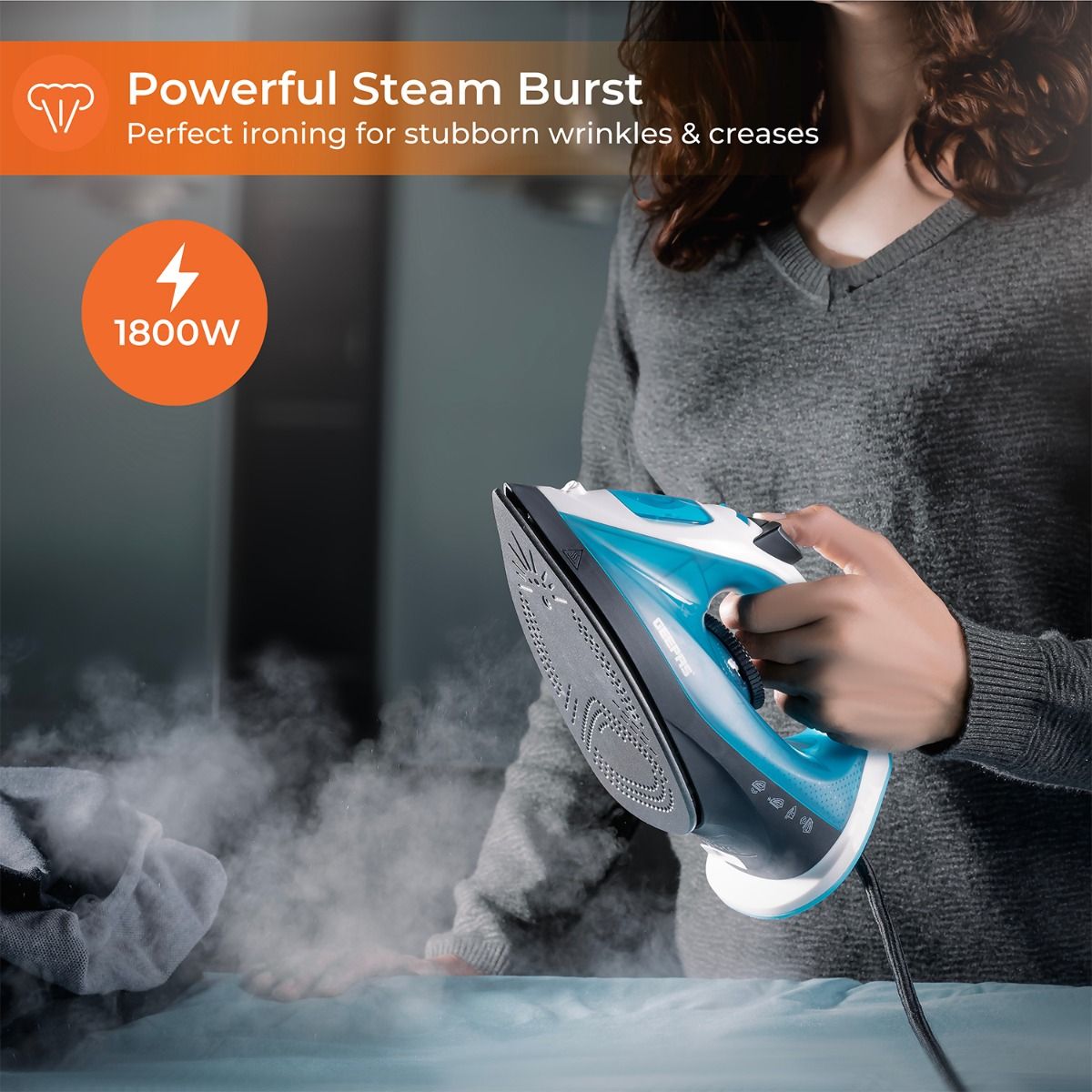 Geepas 1600W Multifunctional Steam Iron for Crisp Ironed Clothes - Non-Stick Soleplate, Wet/Dry Function & with Temperature Control- Dry/Steam Burst/Vertical Steam/Spray Function - 2 Years Warranty