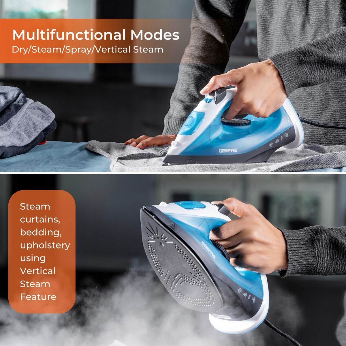 Geepas 1600W Multifunctional Steam Iron for Crisp Ironed Clothes - Non-Stick Soleplate, Wet/Dry Function & with Temperature Control- Dry/Steam Burst/Vertical Steam/Spray Function - 2 Years Warranty