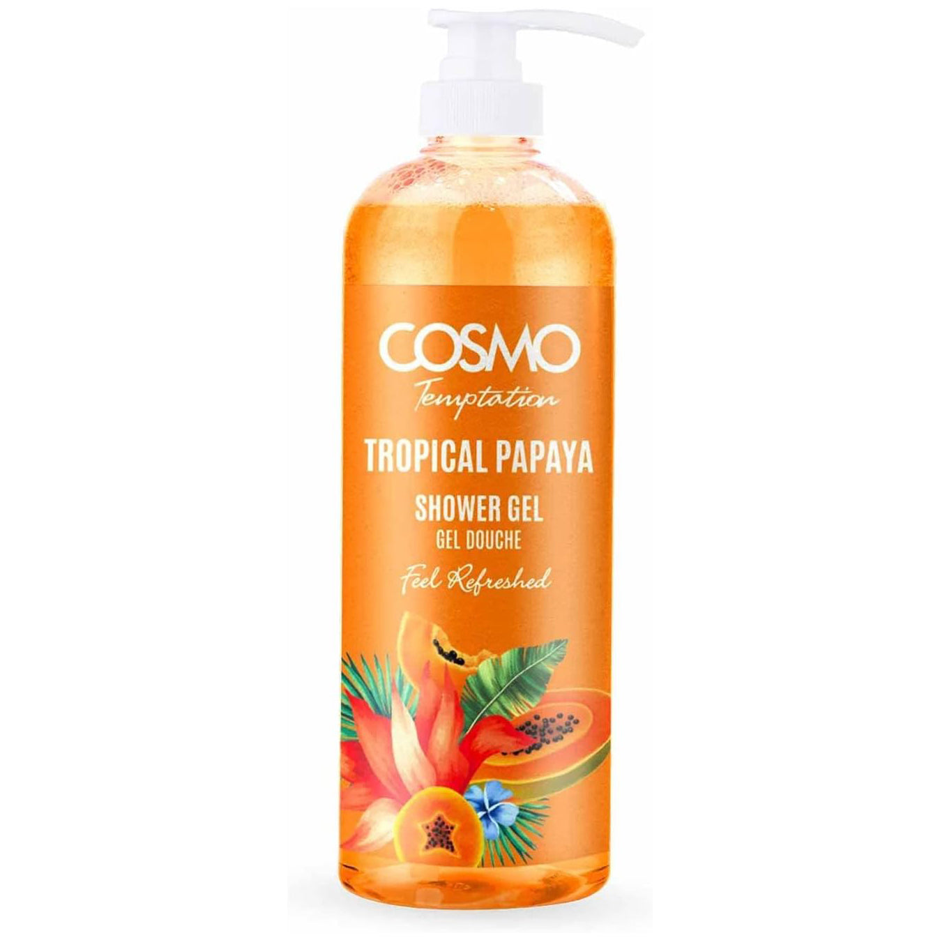 COSMO Temptation Tropical Papaya Gel Douche Shower Gel 1000ml, With Papaya Extract, Helps to Cleanse the Skin and Improves Skin Tone, Shower Gel for Daily Use, For Men and Women