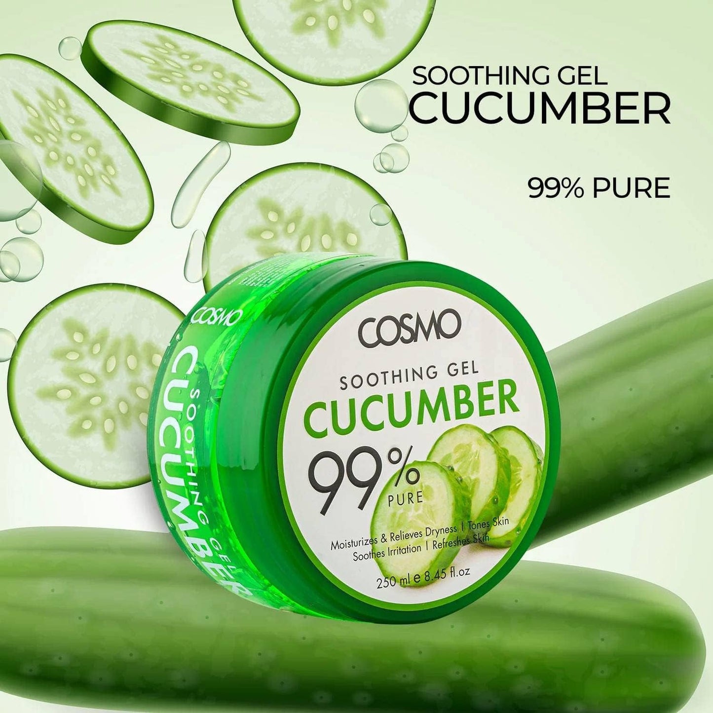Cosmo Moisturizing Cucumber 100% Pure Soothing Gel 250ml, Tones Skin & Tightens Pores, Soothes & Refreshes, For Men & Women