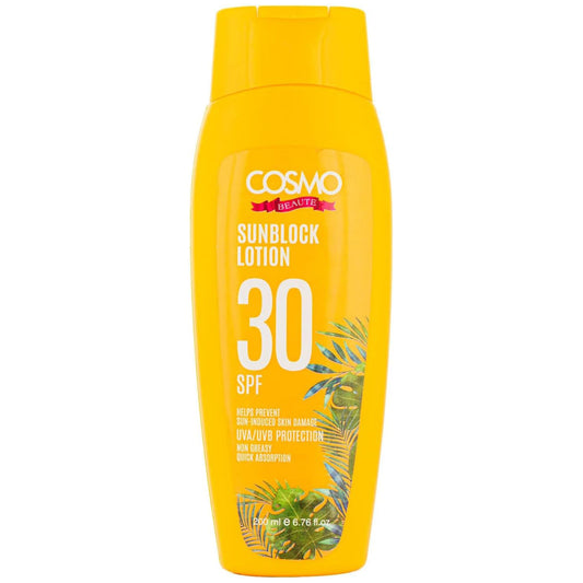 Cosmo Beaute Sun Block Lotion SPF 30, Helps Prevent Sun Induced Skin Damage, UVA/UVB Protection, Non Greasy, For Unisex - 200ml