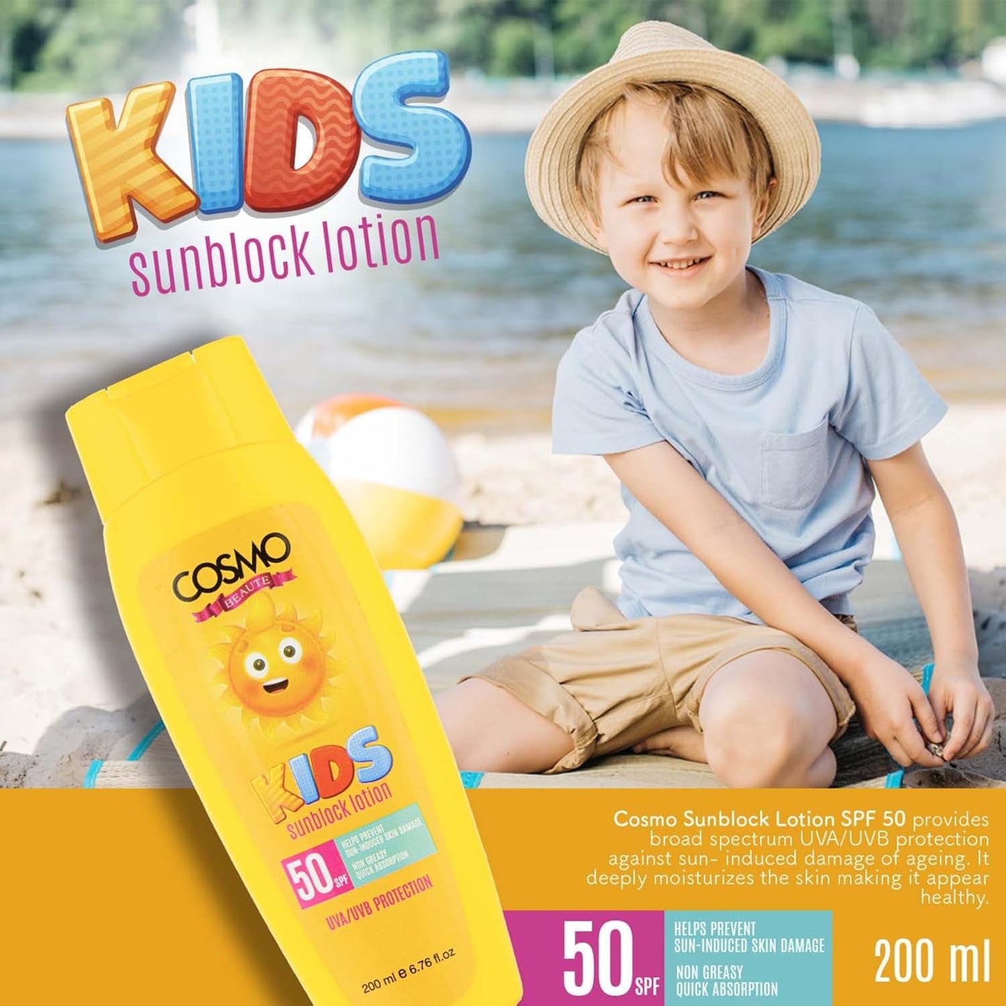 Cosmo Beatue Kids Sunblock Lotion SPF 50, UVA/UVB Protection, Helps Prevent Sun-Induced Skin Damages - 200ml