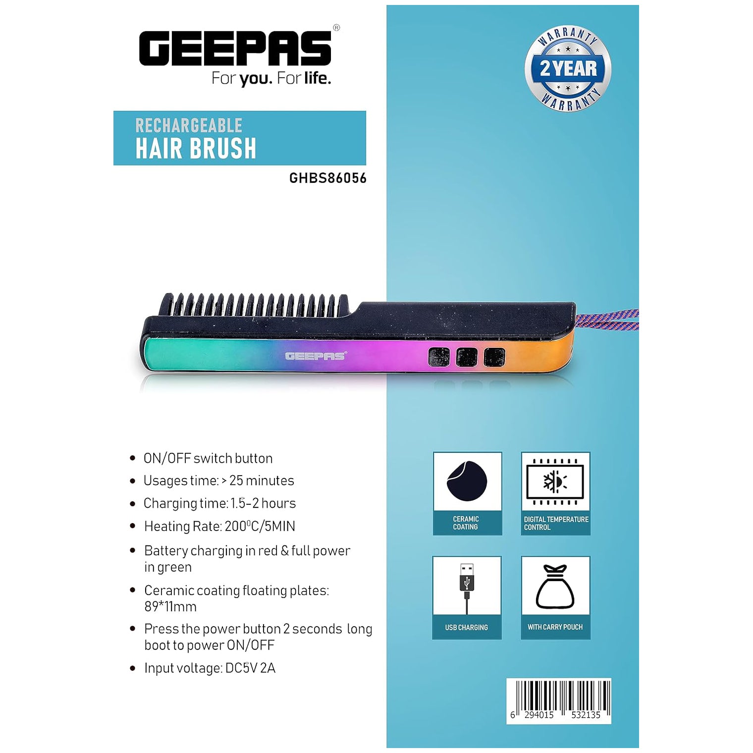 Geepas Rechargeable Hair Brush | Cordless Hair Brush | GHBS86056 | Ceramic Coating Floating Plate