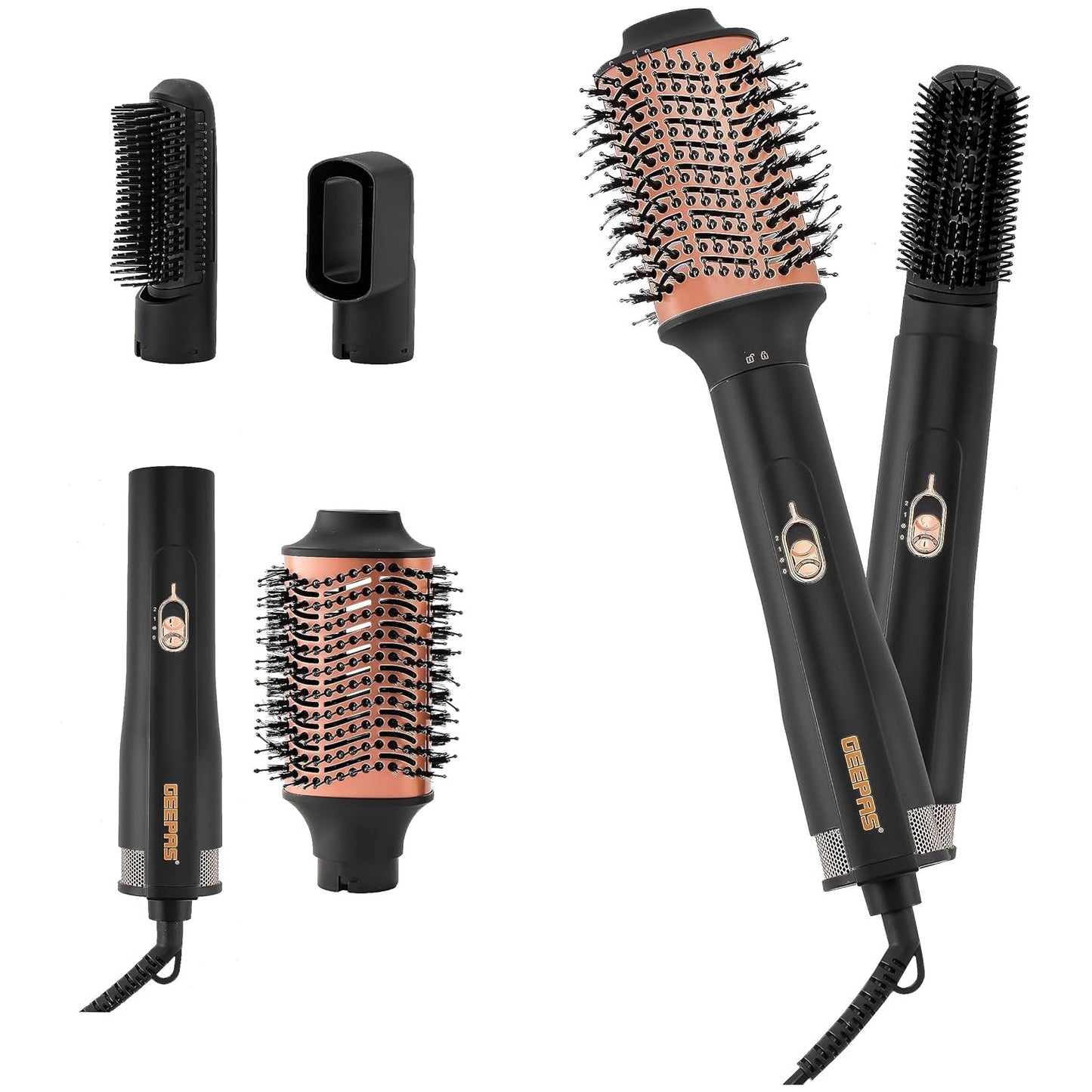 Geepas 4-IN-1 Hair Styler- GH86067| 3 Speed, 3 Heat Settings| 340-Degree Swivel Cord and Hanging Function| Perfect for Salon and At Home Styling, Three Interchangeable Heads