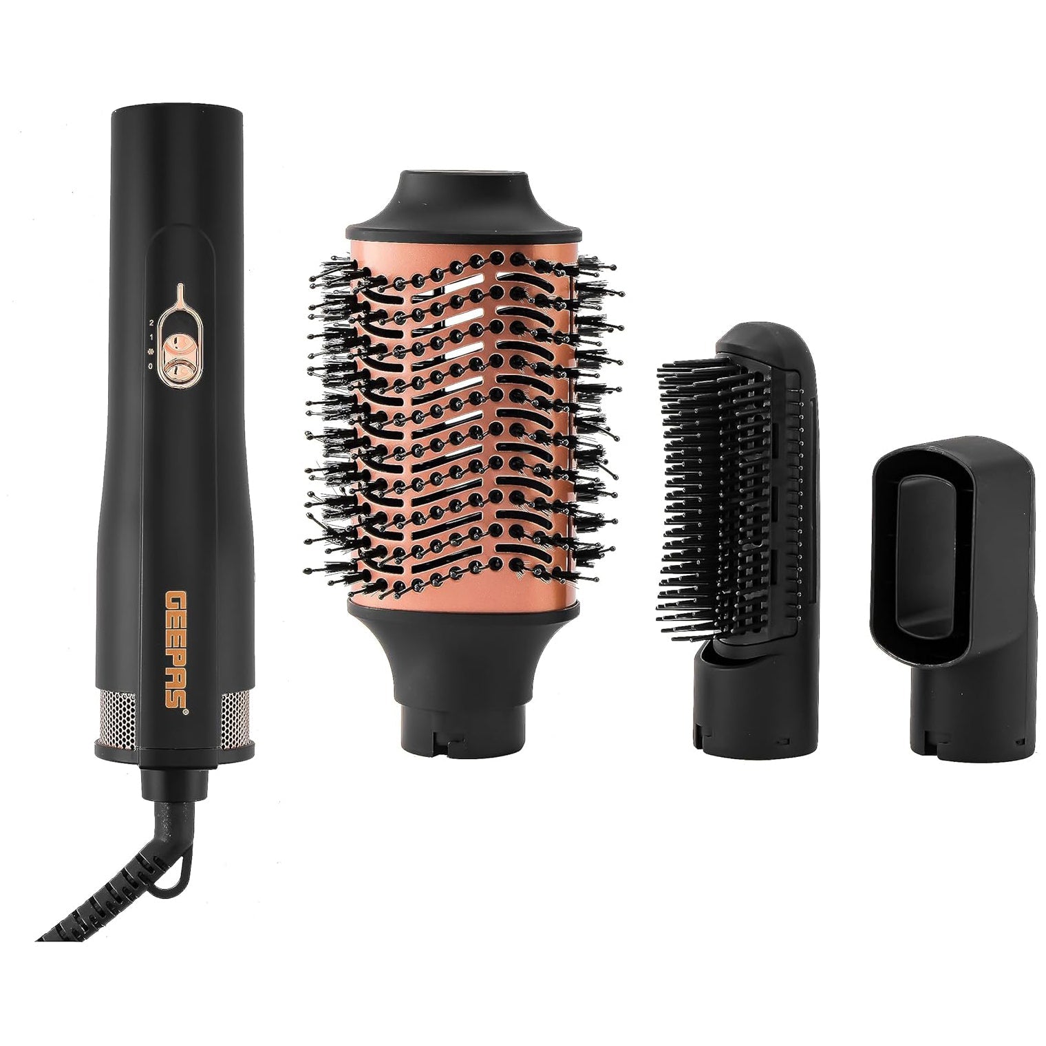 Geepas 4-IN-1 Hair Styler- GH86067| 3 Speed, 3 Heat Settings| 340-Degree Swivel Cord and Hanging Function| Perfect for Salon and At Home Styling, Three Interchangeable Heads