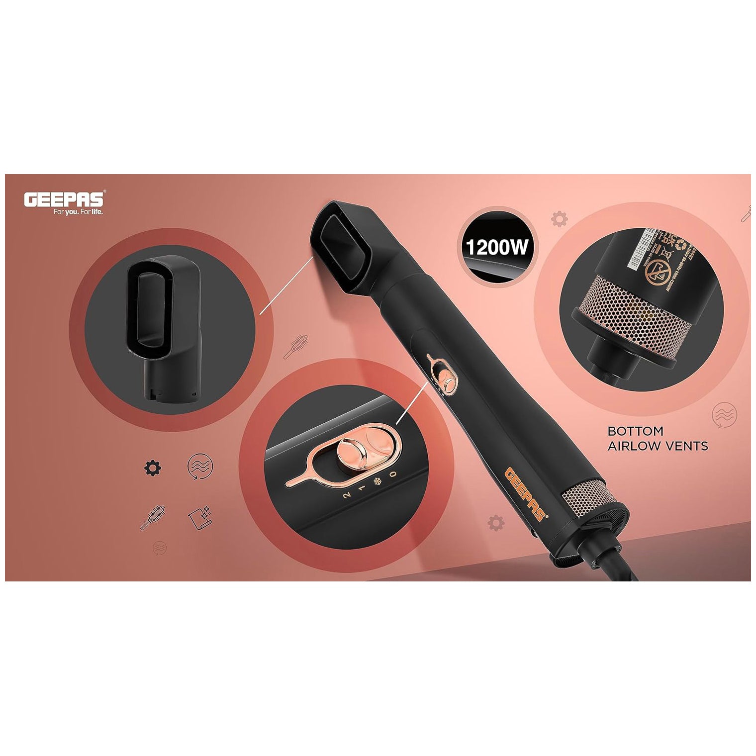 Geepas 4-IN-1 Hair Styler- GH86067| 3 Speed, 3 Heat Settings| 340-Degree Swivel Cord and Hanging Function| Perfect for Salon and At Home Styling, Three Interchangeable Heads