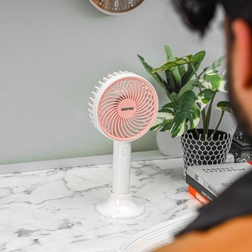 Geepas 4" Handy Fan- GF21206/ 3 Speed Control,6 Hours Long Working Time, Rechargeable for Indoor and Outdoor Use by Women and Men, Makeup Artist, Table Standing Base