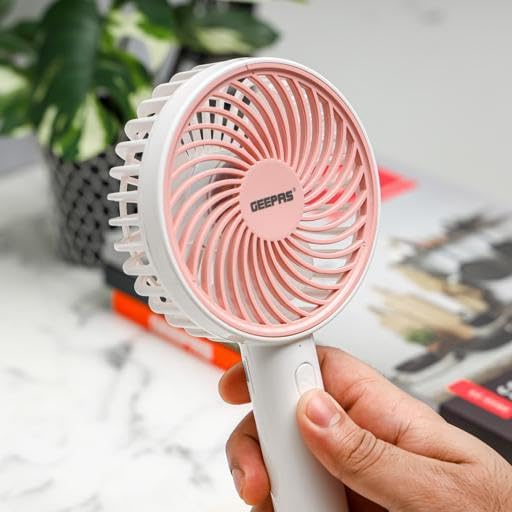 Geepas 4" Handy Fan- GF21206/ 3 Speed Control,6 Hours Long Working Time, Rechargeable for Indoor and Outdoor Use by Women and Men, Makeup Artist, Table Standing Base