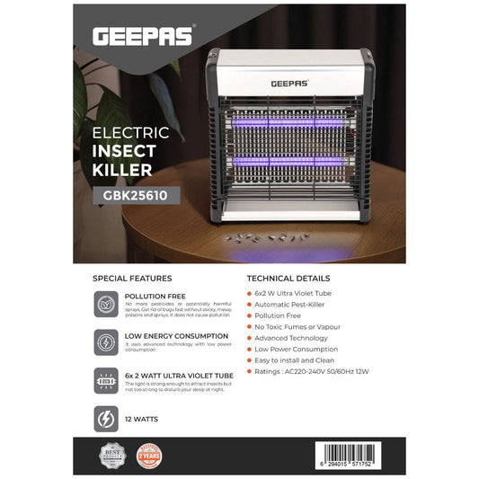 Geepas Electric Bug Killer- GBK25610/ Automatic Pest Killing Machine, 12 W/ No Poisonous Vapor, No-Smell and No-Pollution/ Advanced Technology with Low Power Consumption/ Suitable for Home, Office, Restaurants, Hospitals, etc./ White, 2 Years Warranty