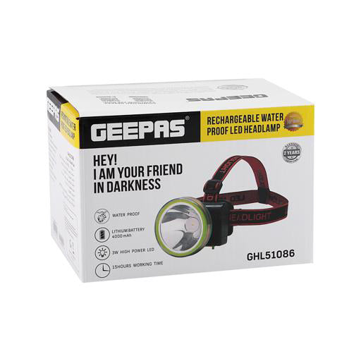 Geepas Rechargeable Water Proof LED Head Lamp – 15 Hours Working Time with 4000 mah Battery, Adjustable Headband | Ideal for Trekking, Camping, Construction Site