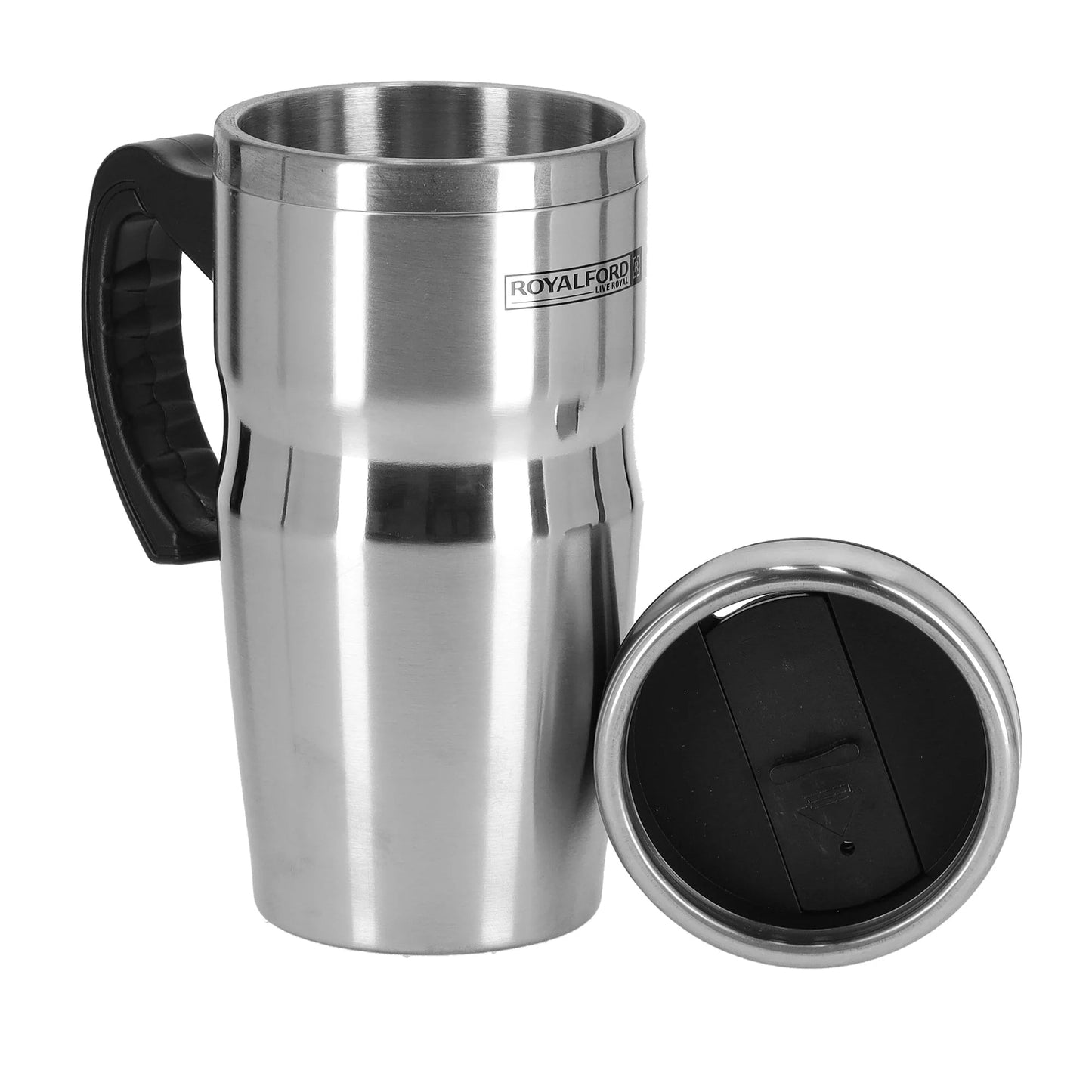 Royalford RF9817 480ml Travel Double Wall Mug - Coffee Mug Tumbler with Handle & Compact Lid For Travel Friendly |Portable Inner Stainless Steel Wall Leak-proof Lid BPA Free Reusable & Hot/Cold Drinkw