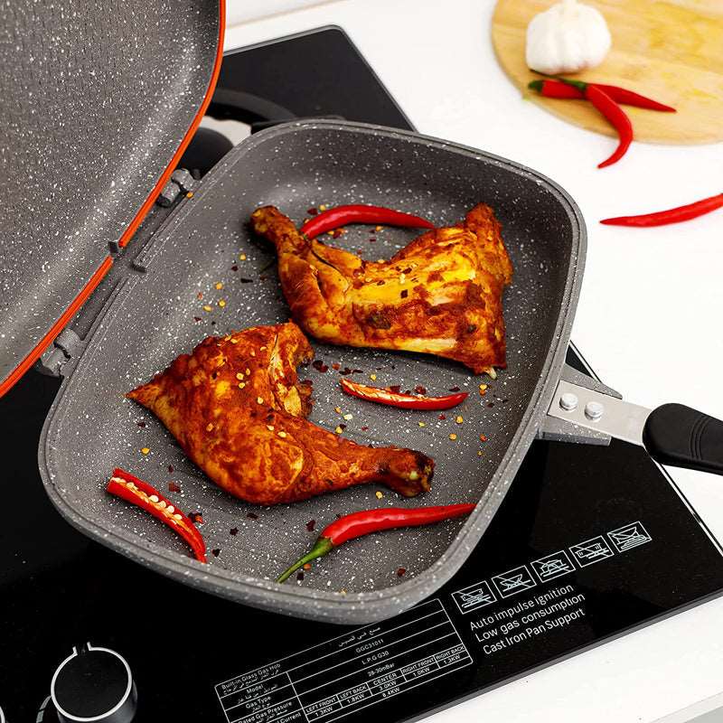 Royalford 32 cm Smart Double Grill Pan - 3 Layer Granite Non-Stick Coating With Magnetic Handle - Flipping Grill Frying Pan | Multiple Hob Compatibility