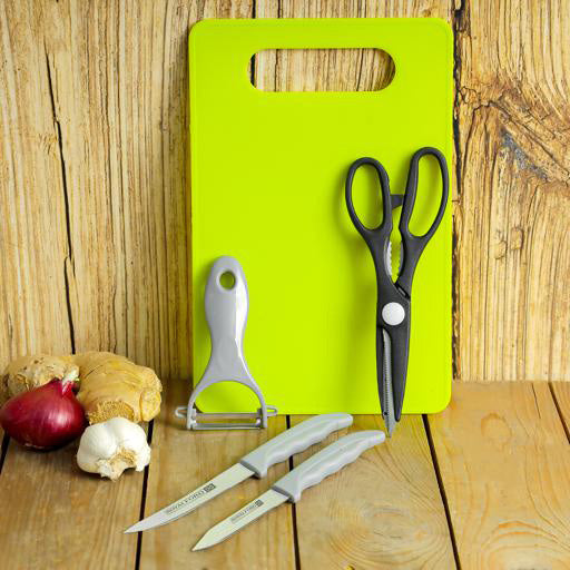 5Pcs Kitchen Gadget Set, Elegant & Multifunctional, RF10463 | Stainless Steel & PP | Set Includes Vegetable Peeler, Food Scissor, Cutting Board, Knife for Kitchen, Office, & More