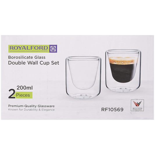 Royalford RF10569 200ml Borosilicate Glass 2 Piece Double Wall Cup Set