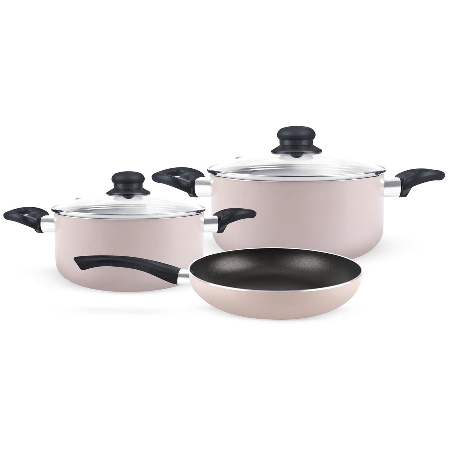 Royalford 5 Piece Non-Stick Cookware Set- RF11973 Aluminum Body with 3 Layer Coating CD Base, Bakelite Handles and Tempered Glass Lid