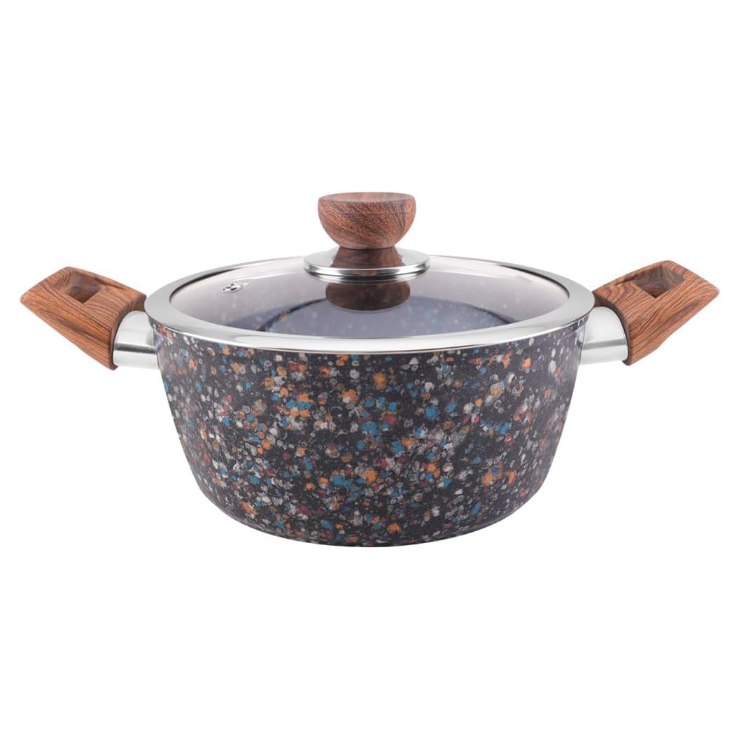 Royalford 24cm Nonstick Casserole with Lid Forged Aluminium Multi Stone Granite Coating Easy Grip Handle Wooden Finish Soft Touch Handles & Knob Tempered Glass Lid