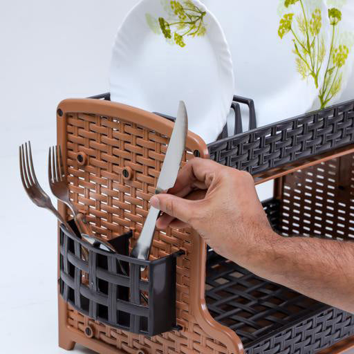 Galaxy 2 Layer Rattan Dish Rack, Plastic Drip Tray, RF10798 | Multi-Purpose 2 Tier Dish Rack with Cup Holder & Cutlery Holder for Kitchen Countertop