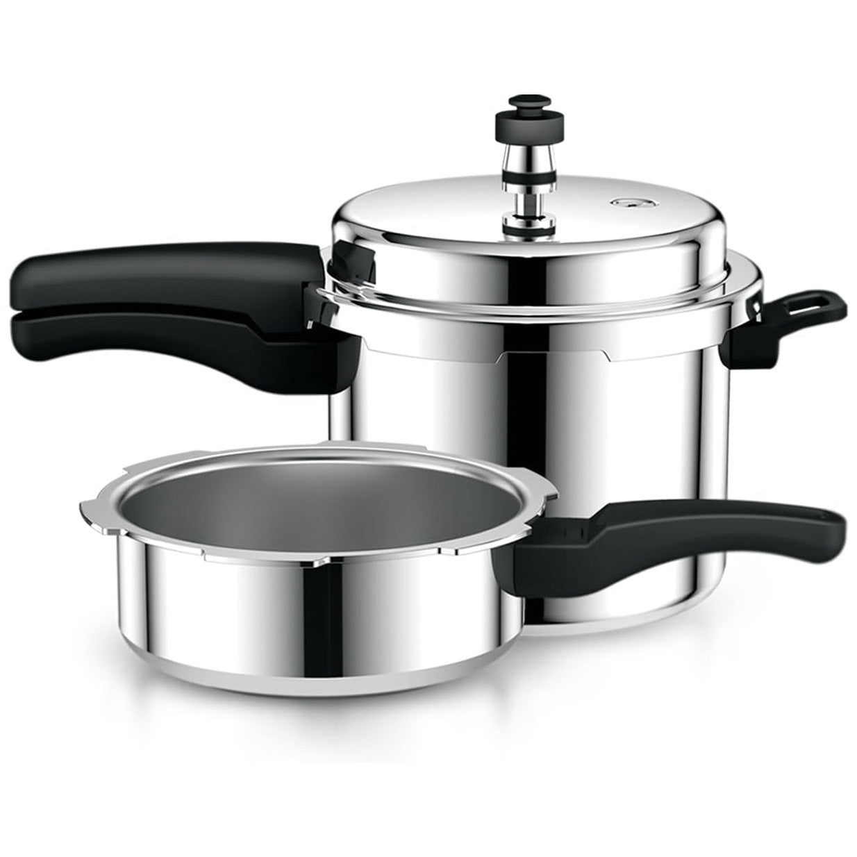 Royalford 5L Pressure Cooker with 3L Pressure Pan RF12182 Improved Pressure Regulator Durable Aluminium Construction Comfortable Handle Commin Lid Combo Pack