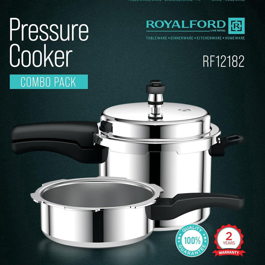 Royalford 5L Pressure Cooker with 3L Pressure Pan RF12182 Improved Pressure Regulator Durable Aluminium Construction Comfortable Handle Commin Lid Combo Pack