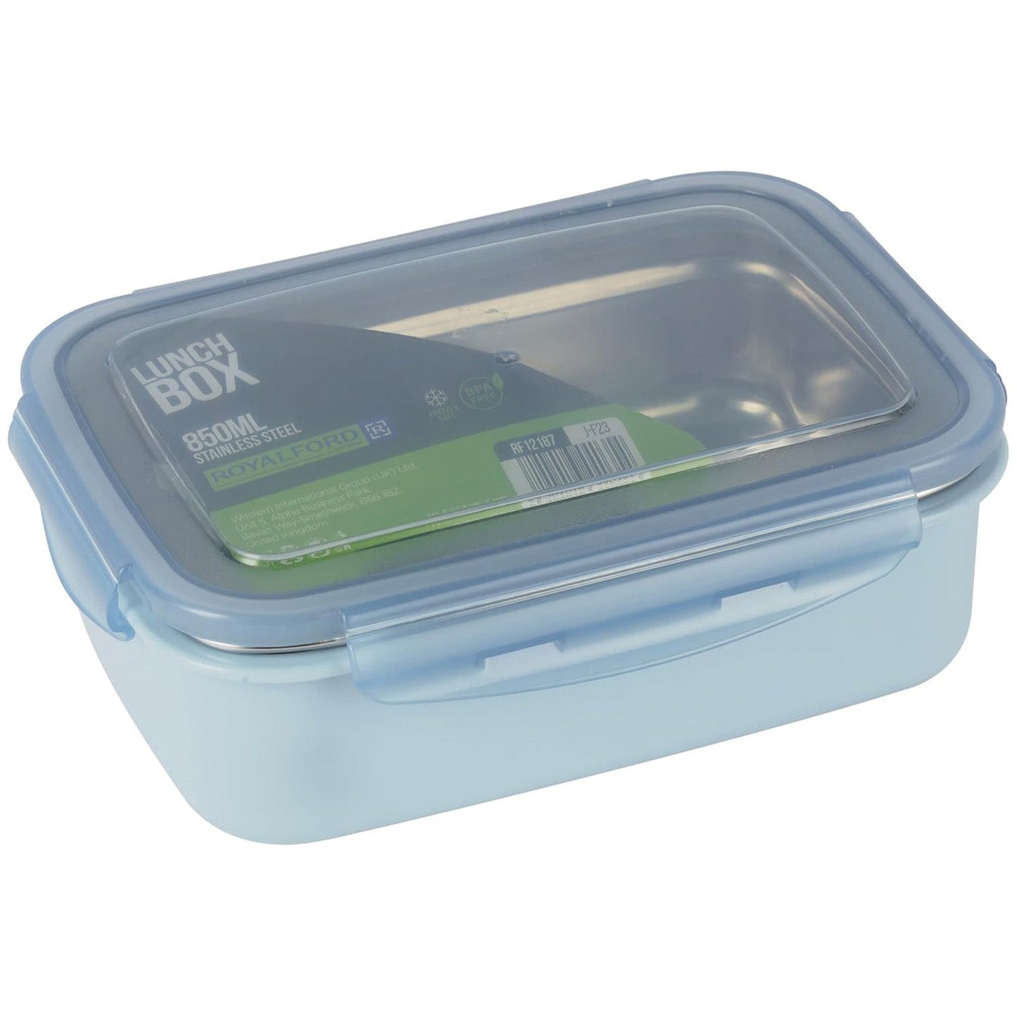 Royalford 850ml Lunch Box RF12187 with Stainless Steel Spoon Plastic Body, Rectangle Tiffin with Lid, 4 Side Locks Food-Grade, BPA-Free, Airtight and Leak proof Containers to Keep Foods Fresh Design